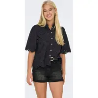 ONLY Spitzenbluse "ONLVALAIS S/S SHIRT WVN NOOS", Damen, Gr. XS, schwarz, Web, Obermaterial: 100% Baumwolle, unifarben, loose fit normal, gewellter Abschluss, Blusen Spitzenbluse, Baumwolle, loose fit