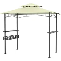JOIEYOU Grillpavillon 245x153x250cm Flammhemmend BBQ Gartenpavillon mit Sonnenschutz Doppeldach & Regalen Freistehend Gartenlauben Set Balkon Außenküche für Party, Marktstand, Picknick (Beige)