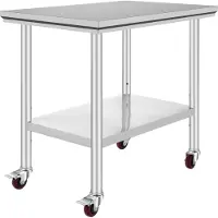 SucceBuy Edelstahl Arbeitstisch 35 x 24 x 33 Zoll 700 LBS Tragfähigkeit mit 4 Rädern einstellbare Höhe Heavy Duty Food Prep Arbeitstisch für kommerzielle Küche Restaurant Silber