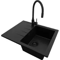 PrimaGran Granitspüle Alles Schwarz 62x50cm, Spülbecken 1 Becken + Küchenarmatur 40x38cm + Ablauf-Set, Küchenspüle ab 40er Unterschrank - Mailand