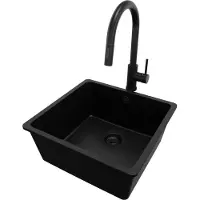 PrimaGran Unterbauspüle Granit Alles Schwarz 46x44cm, Spülbecken 1 Becken + Küchenarmatur 40x20cm + Ablauf-Set, Granitspüle ab 50er Unterschrank - Venedig Easy