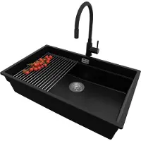 PrimaGran Unterbauspüle Granit Schwarz 76x47cm, Spülbecken 1 Becken + Ablauf-Set + Küchenzubehörset, Granitspüle ab 80er Unterschrank - Praga