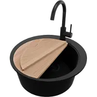 PrimaGran Granitspüle Alles Schwarz 53x53cm, Spülbecken Rund 1 Becken + Ablauf-Set + Küchenzubehörset, Küchenspüle ab 50er Unterschrank - Pisa Max