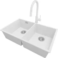 PrimaGran Unterbauspüle Granit Weiß 76x47cm, Spülbecken 2 Becken + Küchenarmatur 40x20cm + Ablauf-Set, Granitspüle ab 80er Unterschrank - London Twin