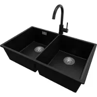 PrimaGran Granitspüle Schwarz 76x47cm, Spülbecken 2 Becken + Küchenarmatur 32x20cm + Ablauf-Set, Küchenspüle ab 80er Unterschrank - London Slim Twin