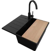 PrimaGran Granitspüle Alles Schwarz 55x50cm, Spülbecken 1 Becken + Ablauf-Set + Küchenzubehörset, Küchenspüle ab 40er Unterschrank - Kopenhagen