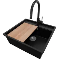 PrimaGran Unterbauspüle Granit Schwarz 56x53cm, Spülbecken 1 Becken + Ablauf-Set + Küchenzubehörset, Granitspüle ab 60er Unterschrank - Bergen