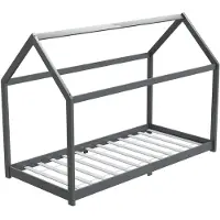HAGO HAGO24 Kinderbett 90x200cm Grau Kinderhaus Bett Kiefernholz Hausoptik Dach Bodentiefer Einstieg Montessori Lattenrost Spielbett