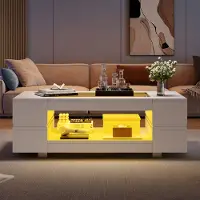 STILVORA Couchtisch Sofatisch LED-Beistelltisch mit Bluetooth-App-Steuerung,mit doppelschichtiger Hochglanz-Hohldesigntisch, Weiß