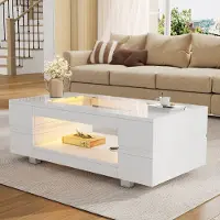STILVORA Couchtisch Sofatisch LED-Beistelltisch mit Bluetooth-App-Steuerung,mit doppelschichtiger Hochglanz-Hohldesigntisch, Weiß