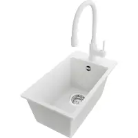 PrimaGran Granitspüle Weiß 28x50cm, Spülbecken 1 Becken + Küchenarmatur 38x14cm + Ablauf-Set, Küchenspüle ab 30er Unterschrank - Riga