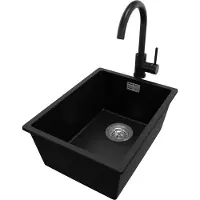 PrimaGran Unterbauspüle Granit Schwarz 36x47cm, Spülbecken 1 Becken + Küchenarmatur 32x20cm + Ablauf-Set, Granitspüle ab 40er Unterschrank - London