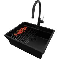 PrimaGran Unterbauspüle Granit Alles Schwarz 56x47cm, Spülbecken 1 Becken + Ablauf-Set + Küchenzubehörset, Granitspüle ab 60er Unterschrank - Praga