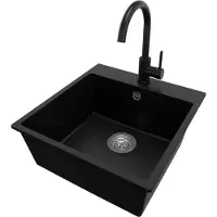 PrimaGran Granitspüle Schwarz 48x50cm, Spülbecken 1 Becken + Küchenarmatur 32x20cm + Ablauf-Set, Küchenspüle ab 50er Unterschrank - Riga