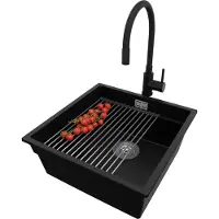 PrimaGran Granitspüle Schwarz 46x47cm, Spülbecken 1 Becken + Ablauf-Set + Küchenzubehörset, Küchenspüle ab 50er Unterschrank - Praga Slim