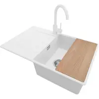PrimaGran Granitspüle Weiß 78x50cm, Spülbecken 1 Becken + Küchenarmatur 32x20cm + Ablauf-Set + Schneidebrett, Küchenspüle ab 50er Unterschrank - Kopenhagen