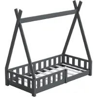 HAGO HAGO24 Kinderbett 140x70cm Grau Tipi Bettgestell Holzhaus Zeltoptik Rausfallschutz Lattenrost Kiefernholz Dekorierbar Montessori Stil Spielbett