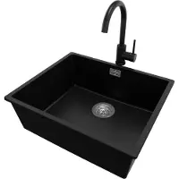 PrimaGran Granitspüle Schwarz 56x47cm, Spülbecken 1 Becken + Küchenarmatur 32x20cm + Ablauf-Set, Küchenspüle ab 60er Unterschrank - London Slim