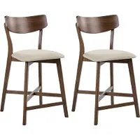 Beliani Barstuhl 2er Set Beige u. Braun Stoff Gepolstert mit Holzbeinen ohne Armlehnen Retro-Design Tresenstuhl mit Polstersitz für Küchenbar