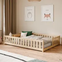 KIDS Collection Kinderbett Bodenbett mit Rausfallschutz & Lattenrost Montessori Bett Bed Gitterbett Kinder Jugendbett Einzelbett | 140x200 cm | Natur