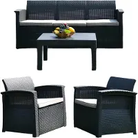 Relaxdays Gartenmöbel Set, 4-teilige Rattan Sitzgruppe, 5 Personen, Bank, Sessel & Tisch, Loungemöbel, outdoor, schwarz