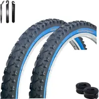 Bike-parts 2 x maxxi4you HY-A109 Fahrradreifen Schwarz/Blau 54-507 (24 x 1,95) + 2 x passende Schläuche DV inkl. maxxi4you Reifenheber