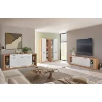 Lomadox Wohnzimmer-Set mit Sideboard & 2 Vitrinenschränken in Eiche mit weiß matt, modern, 4 teilig BELLAGIO-61