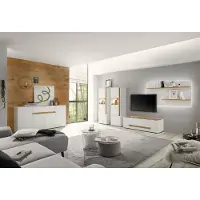 Lomadox Moderne Wohnzimmer Kombi CRISP-61 inkl. Beleuchtung in weiß mit Absetzungen in Wotan Eiche Nb.