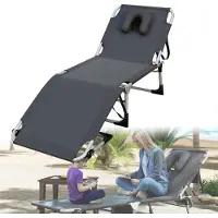 LZQ Sonnenliege klappbar, tragbar, Campingliege mit 5-stufig verstellbarer Rückenlehne und Fußstütze, inkl. Kopfkissen, Liegestuhl für Garten, Strand, Terrasse, Outdoor, dunkelgrau