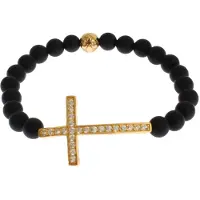 Nialaya Matte Onyxstein Gold CZ Kreuz 925 Silberarmband