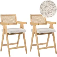 Beliani Barstuhl 2er Set Hellbraun u. Hellbeige Holz mit Bouclé Sitzfläche Teddyfell Optik Wiener Geflecht Rückenlehne Küchenstühle Retro Stil