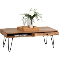 Wohnling Couchtisch BAGLI Massiv-Holz Akazie 110 cm breit Wohnzimmer-Tisch Design Metallbeine Landhaus-Stil Beistelltisch Schublade