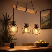 Globo Lighting LED Pendelleuchte, höhenverstellbar, Holzbalken, Gitter, L 50 cm