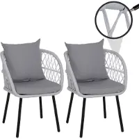 Mendler 2er-Set Gartenstuhl MCW-Q38, Gartensessel Armlehne, Aluminium Seilgeflecht Rope Gestell schwarz, Polster hellgrau