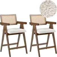 Beliani Barstuhl 2er Set Braun u. Hellbeige Holz mit Bouclé Sitzfläche Teddyfell Optik Wiener Geflecht Rückenlehne Küchenstühle Retro Stil
