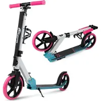 Malplay Großer Cityroller mit Tragegurt, Bremsen,Flaschenhalter,Roller für Kinder und Erwachsene bis 100kg, klappbar Tretroller, Rosa Blau