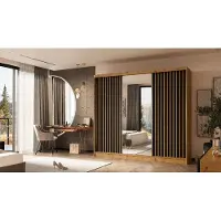 ALTDECOR Kleiderschrank mit Spiegel und Schiebetüren, kugelgelagerte Führungsschienen und Aluminium-Leisten - LAMELO - 240 cm - Artisan/Schwarz /Artisan