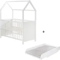Roba Hausbett 60 x 120 cm inkl. passender Wickelplatte zum Aufsetzen, Baby- & Beistellbett in Hausoptik, weiß, 6-fach verstellbar