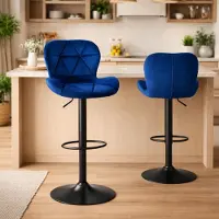 HAGO HAGO24 2er Set Barhocker Samt Blau Höhenverstellbar 59-79cm Drehbar 360° Barstuhl Bistrohocker Rückenlehne Fußstütze Metallgestell Schwarz 120kg