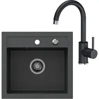 VBChome Spüle Schwarz mit Armatur 50 x 47 cm Granit Einzelbecken Einbauspüle Küchenspüle Gesprenkelt Siphon Waschbecken Spültischarmatur Wasserhahn Einhebel