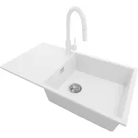 PrimaGran Granitspüle Weiß 90x50cm, Spülbecken 1 Becken + Küchenarmatur 40x20cm + Ablauf-Set, Küchenspüle ab 60er Unterschrank - Ibiza