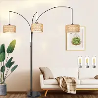 Lapamax LED Stehlampe Rattan Stehleuchte Gewölbte Verstellbare Bogenlampe mit 3 Glühbirne Standleuchte Doppelter Lampenschirm Leselampe Knopf Schalter