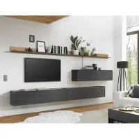 Lomadox Hängende TV Wohnwand CRISP-61 in anthrazit mit Absetzungen in Wotan Eiche Nb., B/H/T: ca. 340/180/30 cm