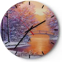 ARTTOR Wanduhr - Rund - Glasuhr - Brücke Schnee Wald - 40x40cm - Schleichendes Uhrwerk - Lautlos - zum Aufhängen bereit - Dekoration Modern - Wanddekoration aus Glas - C3AR40x40-4545