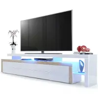 Vladon TV Board Lowboard Leon V3, Germany, Korpus und Überbau in Weiß Hochglanz / Front in Weiß Hochglanz mit Rahmen in Eiche sägerau inkl. LED Beleuchtung (227 x 52 x 35 cm)