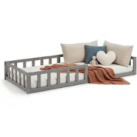 Homestyle4u Kinderbett 90x200 mit Rausfallschutz Grau Bodenbett Montessori Bett mit Lattenrost