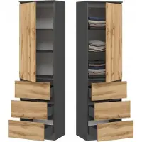 BDW , Kleiderschrank mit 3 Schubladen, 50×180,5×40 cm, Graphit / Eiche Wotan