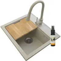 Granitan - Granitspüle - Spülbecken 56,5x50,5 cm - Küchenspüle Beige - mit Armatur und Siphon - FOXAL