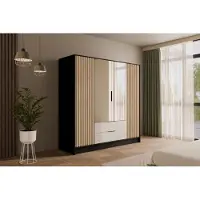 ALTDECOR Kleiderschrank mit Spiegel und selbstschließenden, Lamellentüren, Lamellen, Flügeltüren - NELIA - 200 cm Schwarz / Weiß / Artisan