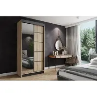 FURMEB24 Schiebetürenschrank AMANDA 100x200 cm Kleiderschrank mit Spiegel, 2-türiger Schiebeschrank (Sonoma Eiche/Schwarz + schwarze Einsätze)